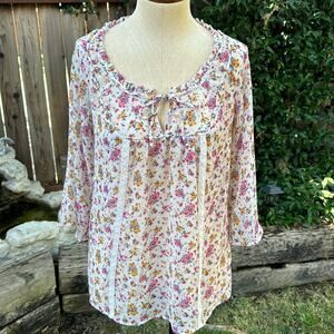 Decree 3/4 Sleeve Floral Sheer Flowy Peasant Boho Bohemian Top Size Small